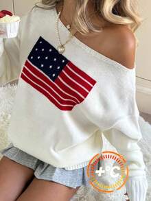 SHEIN 少女超大号不对称肩部宽松休闲套头衫，带有国旗图案，新年夜长袖运动衫上衣，保暖，时尚街头，休闲运动，英语图案，少女服装，百搭，宽松版型，返校，运动，学院，复古 - 白色 - 查看 1