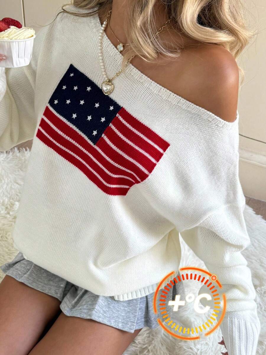 SHEIN 少女超大号不对称肩部宽松休闲套头衫，带有国旗图案，新年夜长袖运动衫上衣，保暖，时尚街头，休闲运动，英语图案，少女服装，百搭，宽松版型，返校，运动，学院，复古 - 白色 - 查看 1