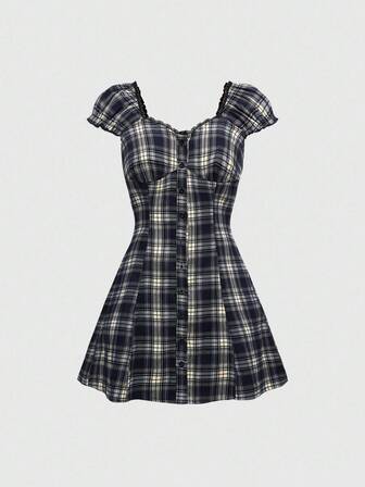 Grunge Punk Women's Plaid Shirt Dress With Lace Trim, Puff Sleeves And Ruched Hem, Girly School Style