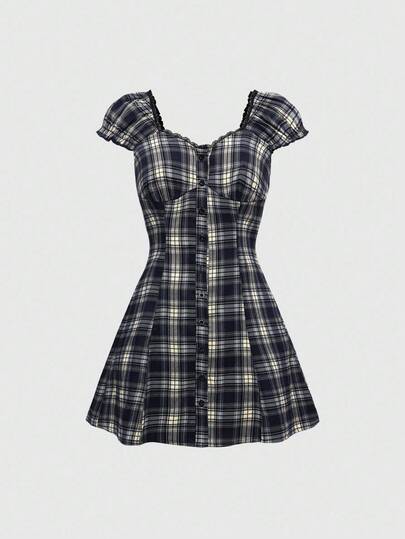 Grunge Punk Women's Plaid Shirt Dress With Lace Trim, Puff Sleeves And Ruched Hem, Girly School Style