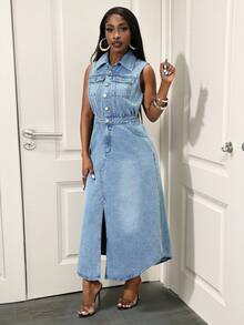 Slaydiva 女式无袖蓝色前扣开衩牛仔连衣裙，时尚 - 藍色 - 查看 3