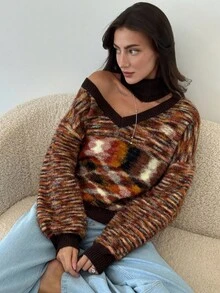 Aloruh 女式复古条纹花卉毛绒高领长袖深 V 套头毛衣，秋冬百搭针织上衣 - 棕色 - 查看 2