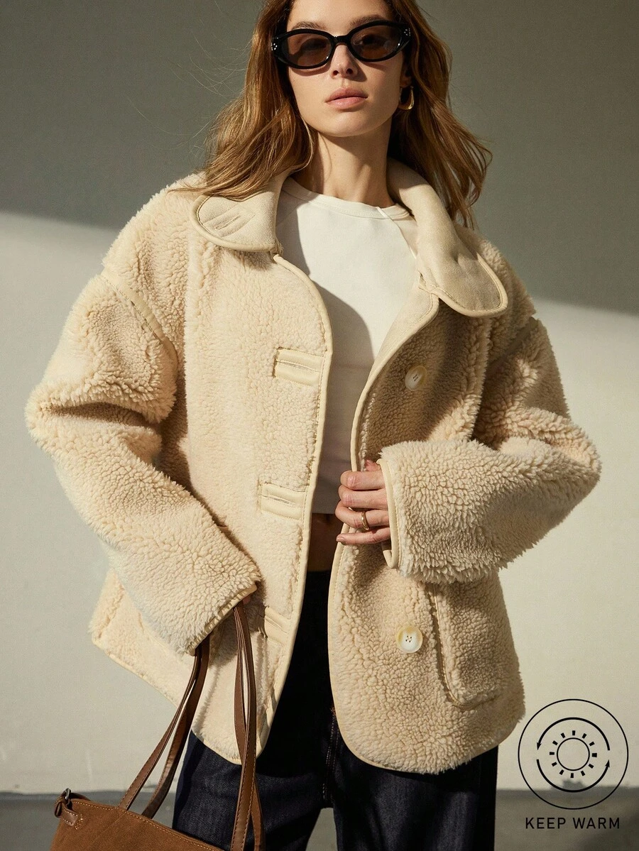 GENKIRA Autumn/Winter Sturdy Stand Collar Soft Fashionable Faux Fur Jacket - Beige - View 1