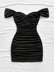 Soleia 女士红色针织露肩修身迷你连衣裙，镂空露背设计，适合节日、约会、下午茶、婚礼季、海滩、游轮、城市度假、波西米亚风度假、音乐节 - 黑色 - 查看 3