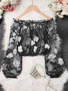 EMERY ROSE 女士时尚透明网眼钩针刺绣花卉露肩灯笼袖短款上衣 - 彩色 - 查看 3