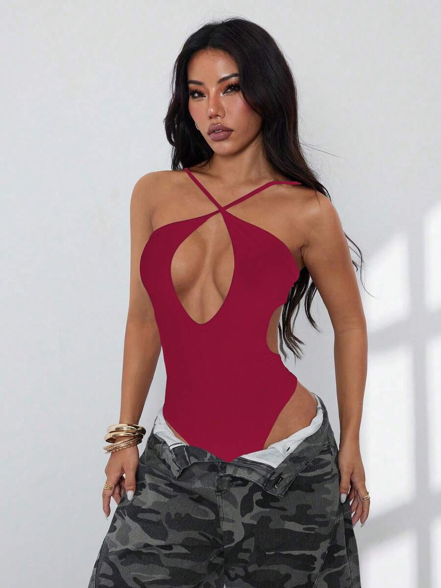 SHEIN PETITE 女士性感露背挂脖连体泳衣，适合海滩度假 - 酒紅色 - 查看 1