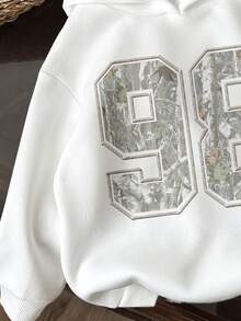 Tween Girl Casual Hooded Thick Sweatshirt, College Style Numeric & Camouflage Leaf Print, Campus Vibe, Citywalk, Street Atmosphere, Leisure Campus Sports Style, Suitable For Autumn/Winter Fall