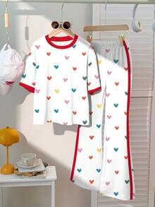 Bộ 2 món/Bộ quần áo tay ngắn in hình trái tim nhiều màu sắc dễ thương thường ngày cho bé gái tuổi teen, phù hợp cho mùa hè, áo phông họa tiết, thời trang đường phố, phong cách Punk, cổ điển, trở lại trường, trang phục ngày lễ, dễ thương, bộ trang phục cho bé gái, quần áo cho bé gái tuổi teen, quần áo cho bé gái, trẻ em, trở lại trường, tiệc chào đón, quần áo đi học, thường ngày - Nhiều màu - Xem 2