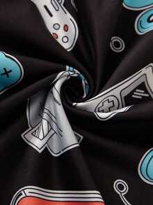 2 Stücke Herrenshirt mit einfachem grafischem Buchstabenaufdruck und Gaming-Themen-Shorts Set, lässiger Freizeitanzug - Schwarz - Übersicht 5