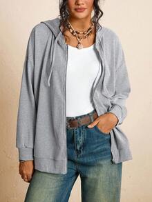 SHEIN LUNE Plus Size Drop Shoulder Drawstring Sweatshirt For Spring & Fall, Travel Airport Winter Jacket Winter Fall Grey Top, Chic Zip Up Sweatshirt, Country Look Going Out Tops Going Out Winter - Grey - View 10