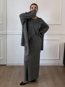 Livesso Women's Loose Jacket And Fitted Dress 2 Pieces Set, Autumn - Grey - View 8