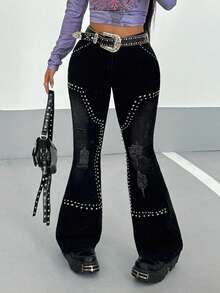 StreetHx Jeans de campana con roturas y tachuelas de moda casual para mujer - Negro - Ver 1