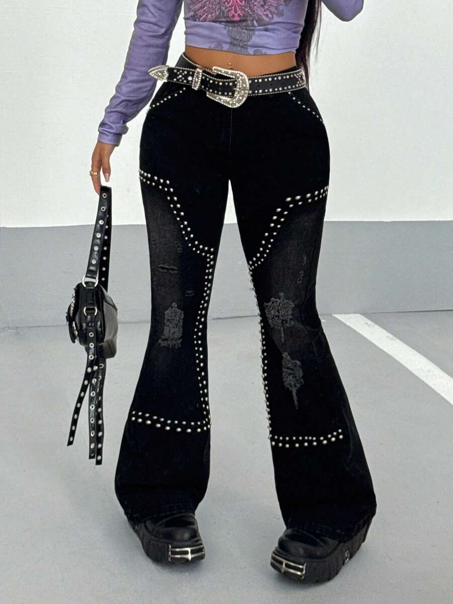 StreetHx Jeans de campana con roturas y tachuelas de moda casual para mujer - Negro - Ver 1