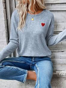 EMERY ROSE New Fashion Women Cherish Print Round Neck Long Sleeve T-Shirt - Blue - View 5