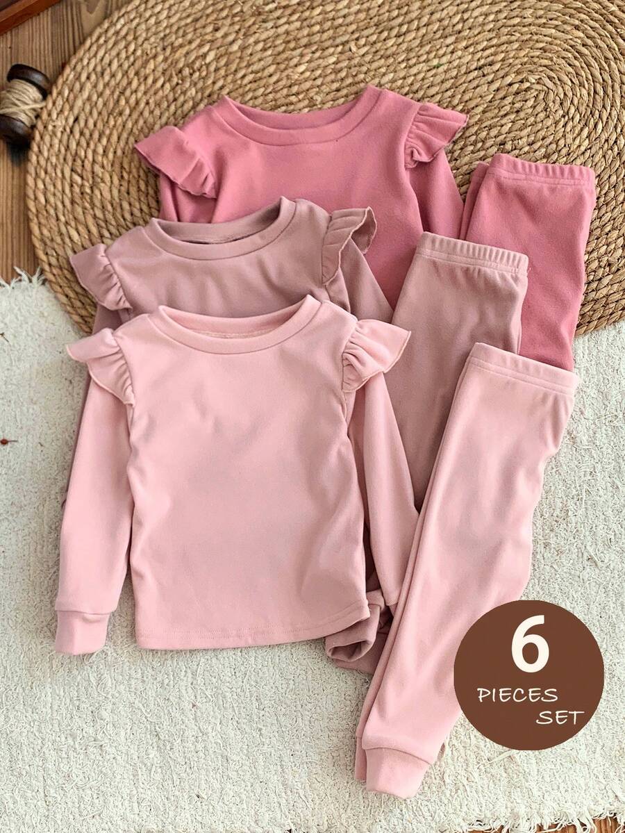 LMoss Kids 6 pièces Ensemble bébé fille en tricot de couleur unie avec t-shirt à col rond et volants et leggings. Ensemble bébé fille manches longues avec volants. Ensemble leggings. Vêtements bébé fille rose. Ensemble décontracté bébé. Ensemble. Ensemble d'hiver. Vêtements d'hiver pour bébé. Vêtements d'automne pour bébé fille - Multicolore - Voir 1