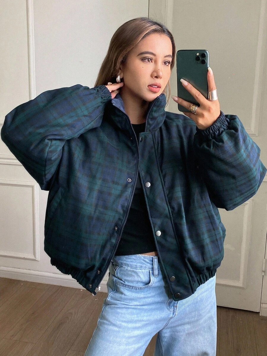 DAZY 女士双面格子绗缝外套，适合秋冬季节穿着，Y2K风格 - 棕色 - 查看 1