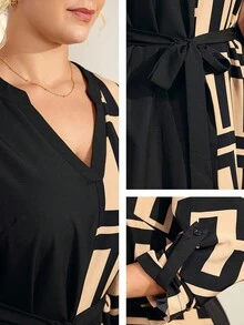 Momelise Damen V-Ausschnitt Farbblock Langarm Kleid, Lässig Wear - Verschiedenfarbig - Übersicht 9