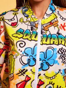 SpongeBob SquarePants | SHEIN Chaqueta casual de manga larga con cremallera y estampado de dibujos animados para mujer - Amarillo - Ver 6
