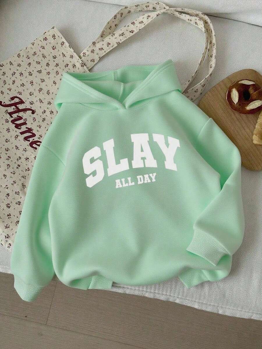 返校季少女“SLAY ALL DAY”休闲字母印花卫衣,时尚个性,四季皆宜,粉色秋冬夏女童卫衣,可爱女童卫衣,绿色卫衣 - 綠色 - 查看 1