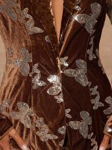 Lumalex 秋冬季亮片串珠天鹅绒拼接肩垫女士西装外套棕色西装外套女士棕色两件套女士套装棕色外套西装裙套装魅力优雅连衣裙秋季新款 - 黑色 - 查看 8