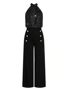 Ellevyn 大码女式闪亮露背背心和阔腿裤优雅套装 - 黑色 - 查看 3