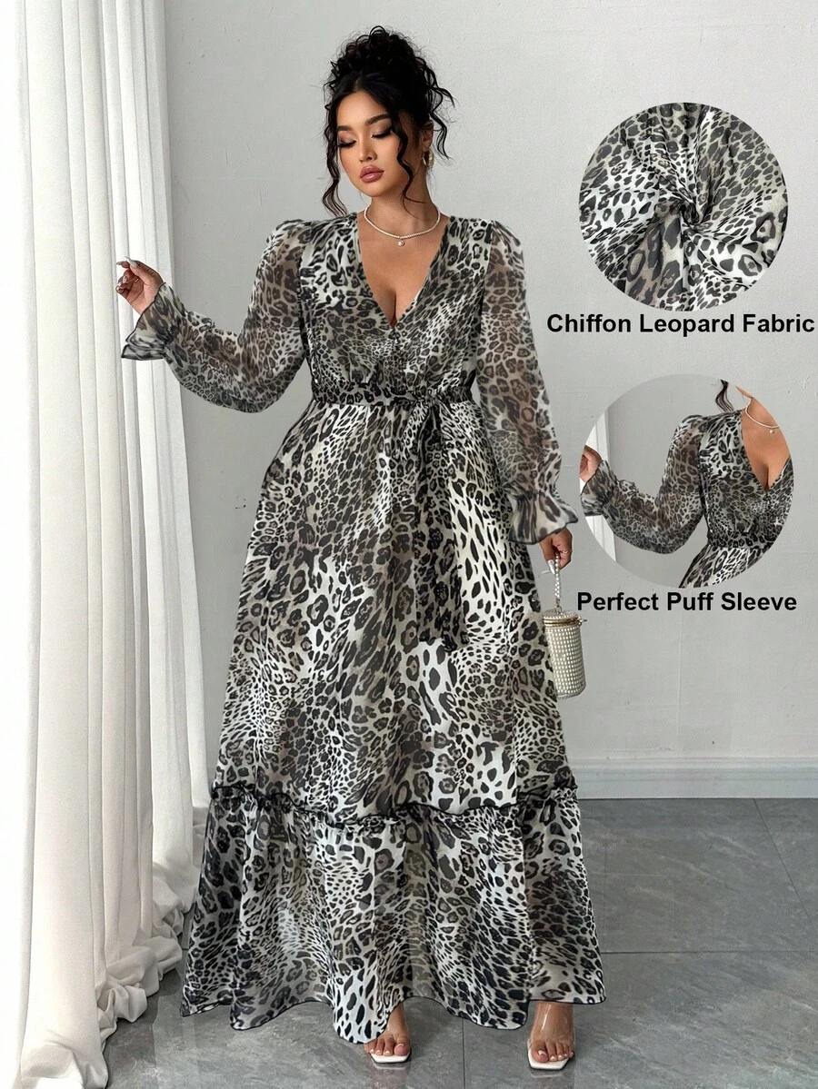SHEIN Elenzya Women's V-Neck Leopard Print Puff Sleeve Tie-Waist Elegant Dress, Spring/Summer - Multicolor - View 1
