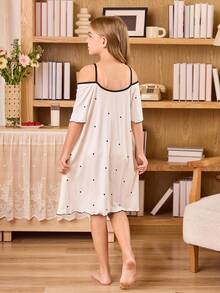 SHEIN 菱形印花撞色无袖休闲睡裙，适合青少年女孩 - 杏色 - 查看 2
