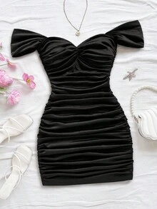 Soleia 女士红色针织露肩修身迷你连衣裙，镂空露背设计，适合节日、约会、下午茶、婚礼季、海滩、游轮、城市度假、波西米亚风度假、音乐节 - 黑色 - 查看 4