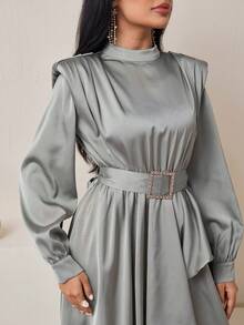Veilorie 女式纯色立领长袖荷叶边下摆优雅连衣裙 - 綠色 - 查看 6