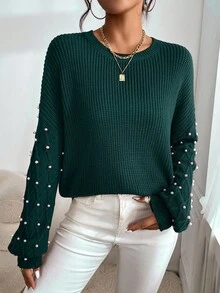 EURMUSE Solid Color Casual Crew Neck Long Sleeve Pullover Women Sweaters - Dark Green - View 3