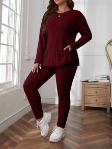 SHEIN Cottnline Plus Size Comfortable Knitted Ribbed 2 Pieces Set - Burgundy - View 1