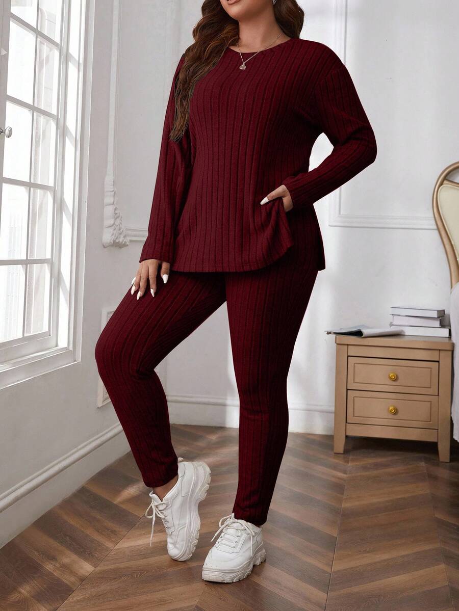 SHEIN Cottnline Plus Size Comfortable Knitted Ribbed 2 Pieces Set - Burgundy - View 1