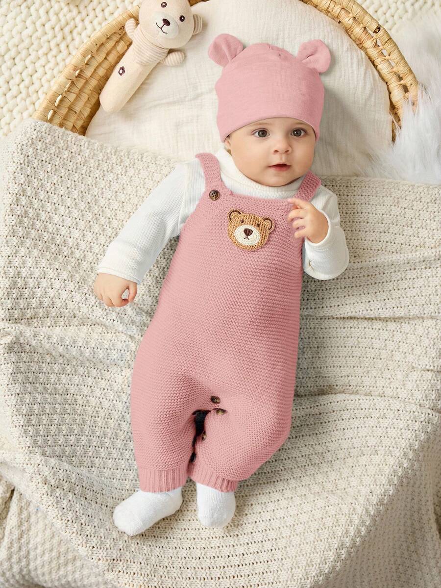 Cozy Pixies Bộ áo liền quần dài tay cổ tròn họa tiết gấu hoạt hình cho bé trai/bé gái sơ sinh, đa năng và thoải mái, bộ đồ liền thân dệt kim hình gấu cho bé. - Hồng - Xem 1