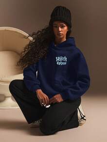 Athîral 女士连帽卫衣，秋冬简约时尚休闲日常穿着 - 藏蓝色 - 查看 2