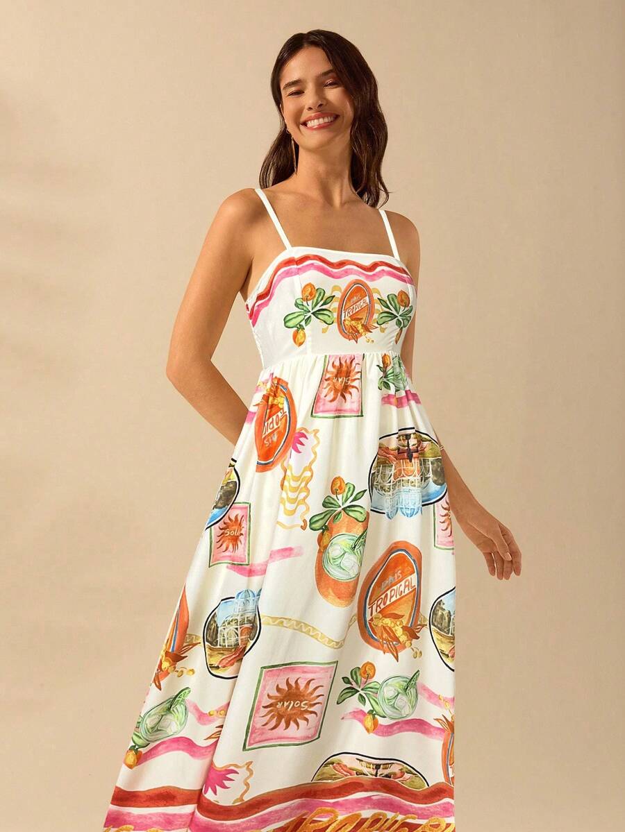 CAJUNI 女式波西米亚风热带印花度假休闲长吊带连衣裙，夏季 - 彩色 - 查看 1