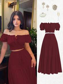 Elenzga New Women's Off Shoulder Puff Sleeve Front Tie Bow Waist Gathered A-Line Skirt, Vacation Casual Fashion Young Daily Versatile Flattering Elegant 2 Pieces Set - Burgundy - View 1