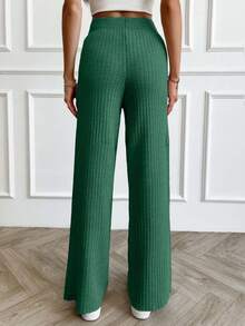 EURMUSE Women's Rib Knitted Straight High Waist Knit Pant - Green - View 2