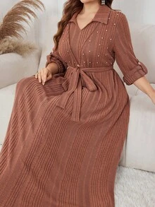 Lacomfia 大码女式水钻装饰闪亮针织优雅长袖连衣裙 - 乾枯玫瑰色 - 查看 3