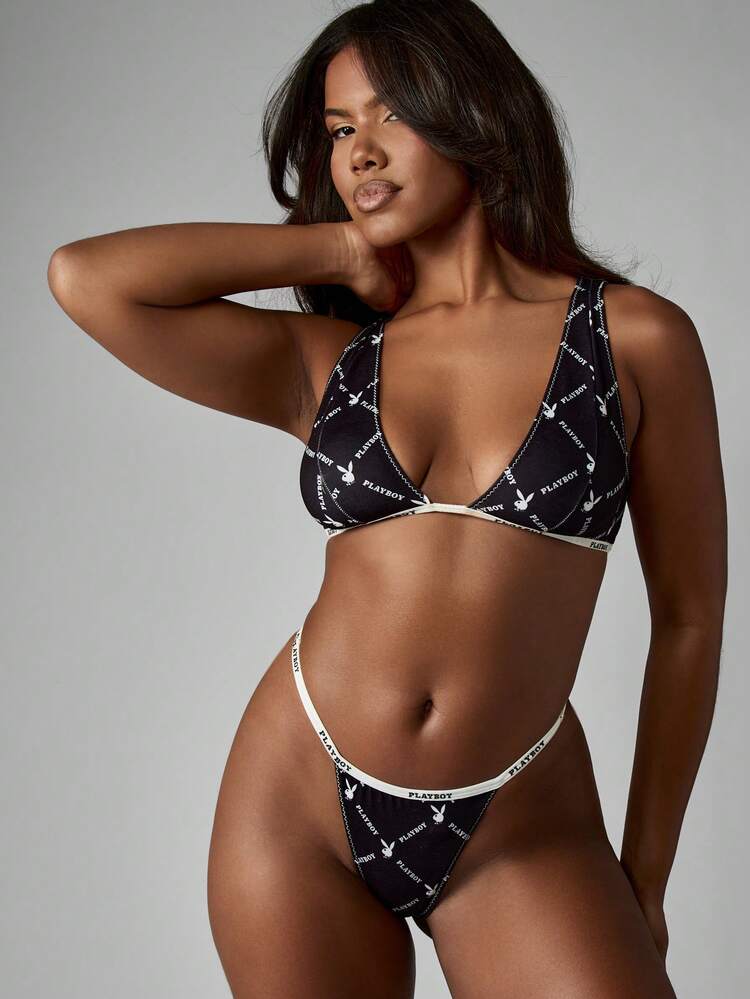 Missguided x Playboy Allover Print Triangle Bralette Set With Branded Elastic Band Bralette Thong Matching Set For Women Modern Lingerie Fashion Forward Design