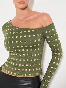 KIZN Off Shoulder Long Sleeve Studded Crop Top Metallic Gold Grommets Evening Party Club Wear Statement Fashion