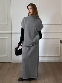 Livesso Women's Solid Color Casual Loose High Neck Sleeveless Knit Vest And Straight Skirt 2-Piece Set, Autumn/Winter - Grey - View 1
