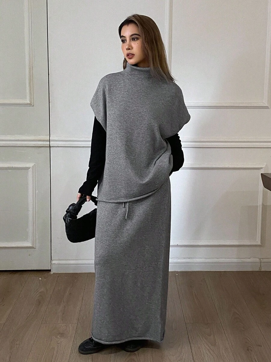 Livesso Women's Solid Color Casual Loose High Neck Sleeveless Knit Vest And Straight Skirt 2-Piece Set, Autumn/Winter - Grey - View 1