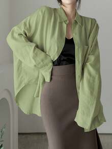 DAZY Camisa suelta asimétrica de un solo pecho de unicolor para mujer, blusas de manga larga, ropa de otoño - Verde - Ver 3