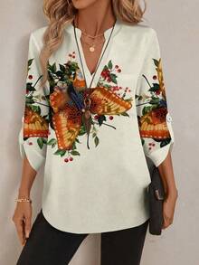 EMERY ROSE Women's Retro Floral & Butterfly Print Notch Collar 3/4 Sleeve Casual Shirt, Autumn/Winter V Neck Blouses For Women
