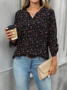 Camisa casual con cuello en pico, rayas y mangas enrolladas para el otoño - Multicolor - Ver 3