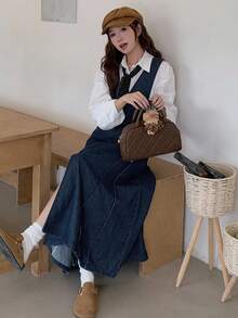 DAZY Women's V-Neck Long Suspender Dress, Casual & Elegant Denim Dress