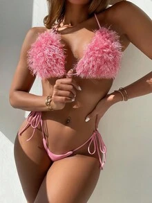Summer Beach Fuzzy Bikini Set Triangle Bra & Thong Bottom 2 Piece Rave Bathing Suit - Pink - View 1