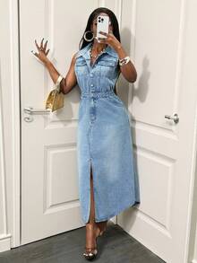 Slaydiva 女式无袖蓝色前扣开衩牛仔连衣裙，时尚 - 藍色 - 查看 5