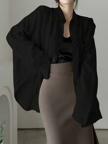 DAZY Women's Solid Color Regular Turn-Down Collar Oversized Shirt,Long Sleeve Tops,Fall Clothes - Black - View 4