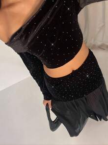Glamine Women's Sexy & Elegant Velvet Rhinestone Off Shoulder Top And Velvet Rhinestone Mesh Skirt Set - Black - View 6